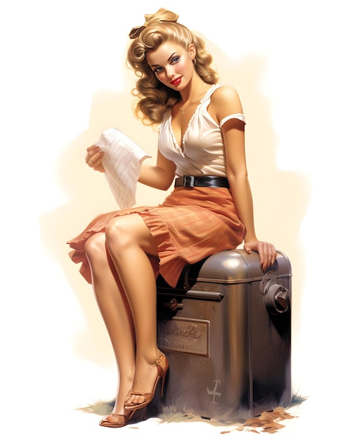 pintwear 1950s vintage girl sitting with papers on a mailboxagainst white background