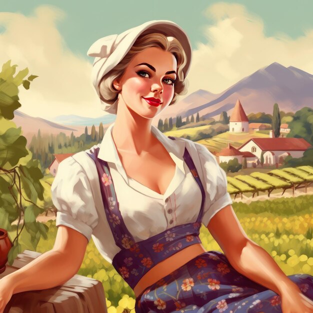 Pinup girl picking grapes in a rural hilly landscape