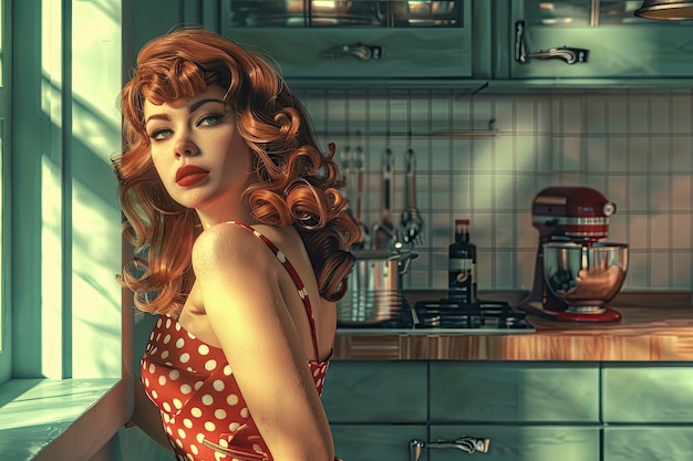 Pinup girl posing in a kitchen