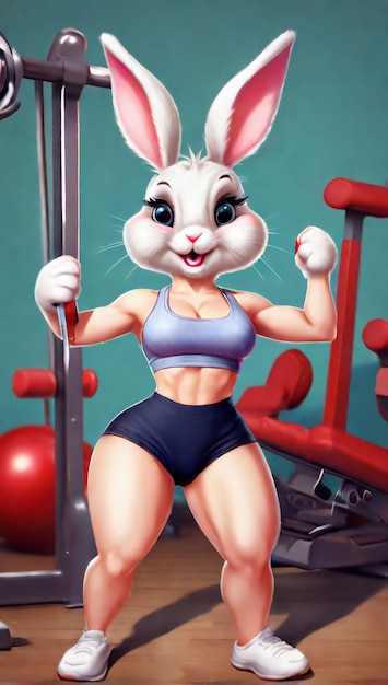 PinUp little bunny rabbit wearing workout clothes exercising gym