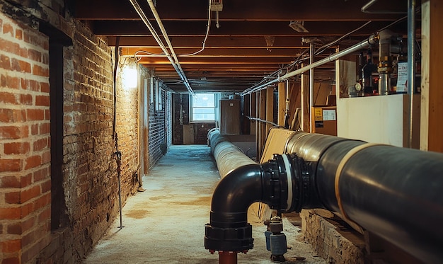 Photo a pipe in a room with a brick wall and a sign that saysthe word  on it