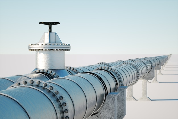 The pipeline on a light wall, the transportation of oil and gas through pipes. Technology, politics, raw materials, economics. Copy space. 3D render, 3D illustration.