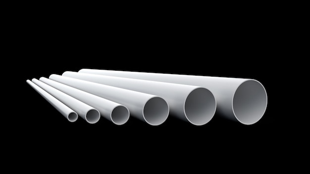 Pipes assortment PVC pipes, Close-up. Tubes PVC pipes on black background 3d illustration