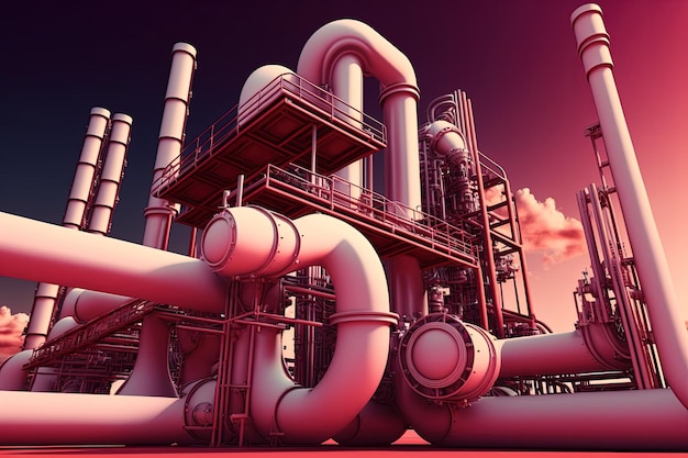 Pipes and a pipe rack at a petroleum refinery against a crimson sky