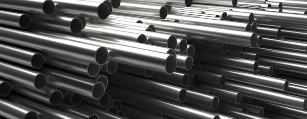 Pipes tubes steel metal round profile stacked full background 3d illustration