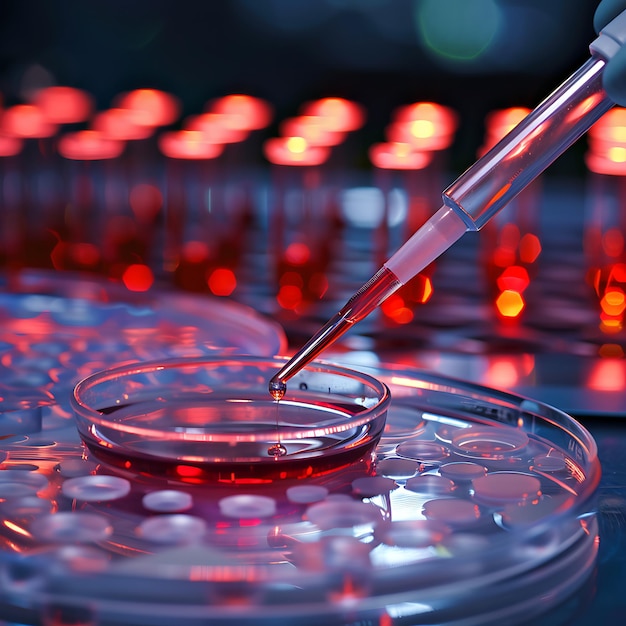 Pipette and Petri dish with light bokeh background