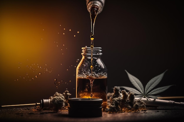 Pipette with a golden drop cbd cannabis oil and bottle illustration Generative AI