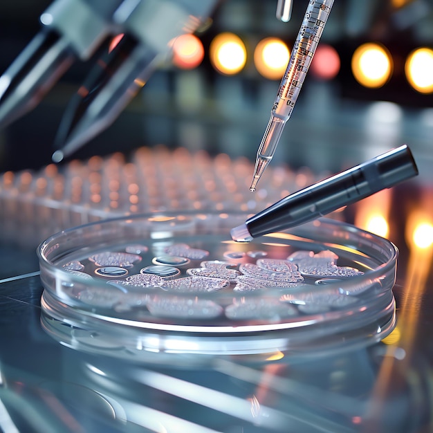 Pipette with red liquid in petri dish closeup