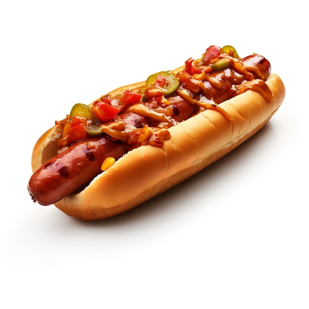 Piquant and Crispy Bacon Wrapped Hot Dog with Chili isolated on White background