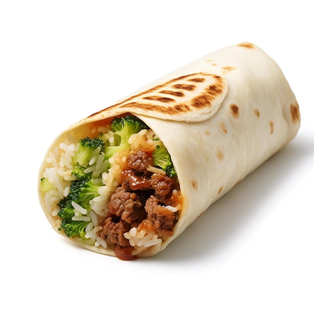 Piquant and Spicy Beef and Broccoli Burrito isolated on White background