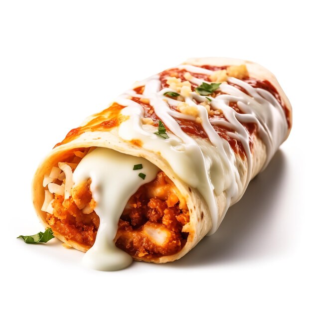 Photo piquant and spicy chicken parmesan burrito isolated on white background