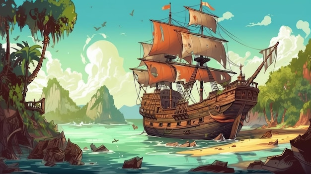 Pirate Adventure on a Tropical Island Perfect for Children's Book Illustrations Generative AI