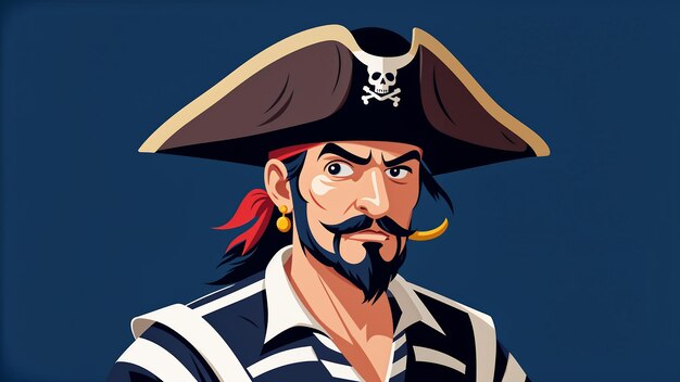 Pirate Captain Vector Illustration In Cartoon Style On Dark Blue Background