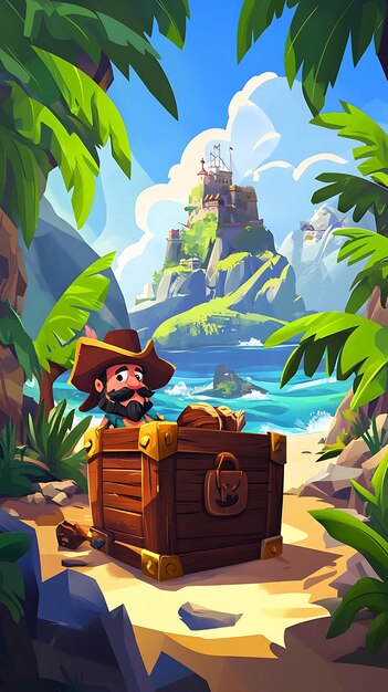 Photo a pirate character peeks from a treasure chest on a tropical beach with a distant island