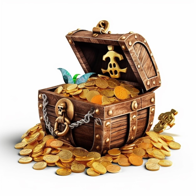 Pirate chest full of gold coins and a skeleton generative ai