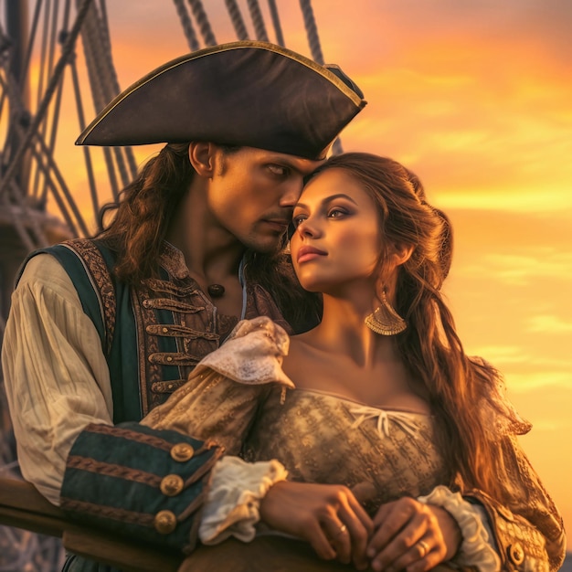 a pirate couple from the year 1678 in love on a modern yacht in year 2023