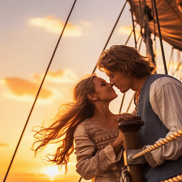 a pirate couple from the year 1678 in love on a modern yacht in year 2023