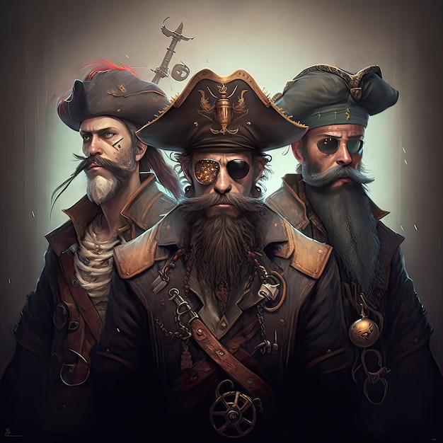 Pirate crew in triangular hats Rogues sailors pirate ship rum gold treasure Queen Anne's Revenge nonexistent person high resolution art generative artificial intelligence