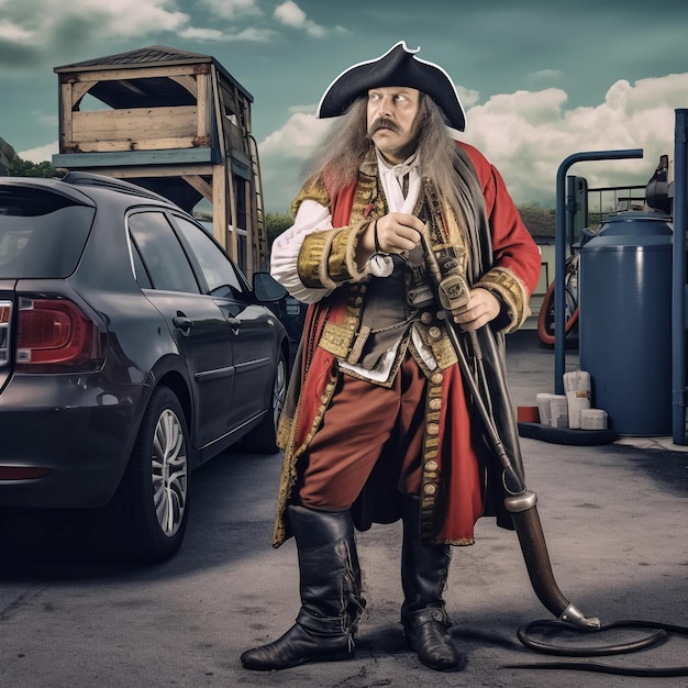 a pirate from the year 1567 stands in 2021 on a petrol station and is loading his electric car