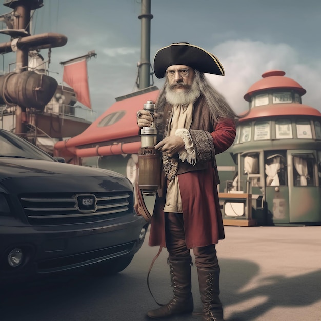 a pirate from the year 1567 stands in 2021 on a petrol station and is loading his electric car