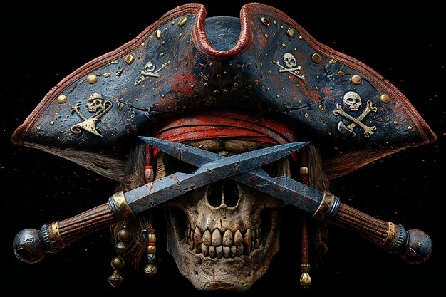 Photo a pirate head with a blue and red hat and a sword