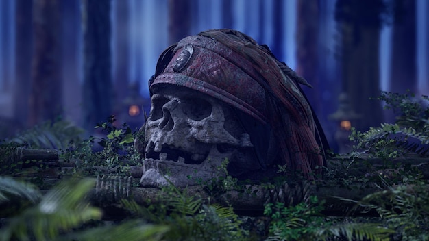 Pirate human skull and ancient ruins in the jungle exploration and adventure concept 3d rendering