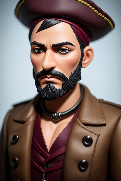 A pirate man wearing a hat and a brown jacket modeled with clay and