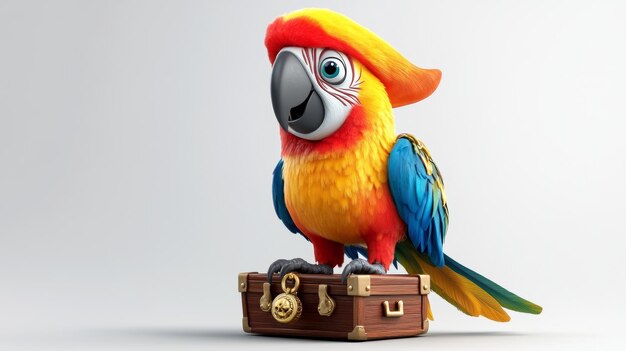 Pirate Parrot with Treasure Chest 3D Illustration