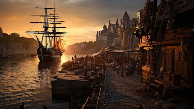 Pirate port overlooking old sailing ship on sunset Generative AI