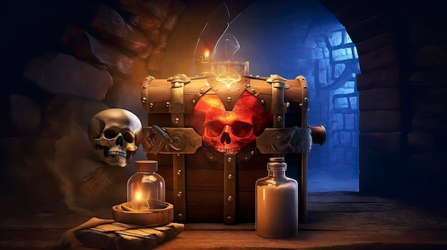 A pirate's treasure chest with a skull on it.