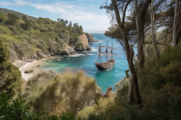 Pirate ship approaching hidden cove with view of tranquil water and shoreline