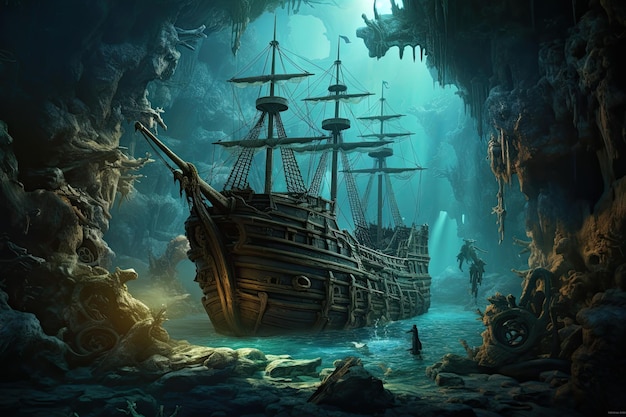 Pirate ship in the cave 3d illustration Fantasy AI Generated