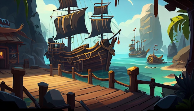 Photo pirate ship deck 2d background environment for a mobile game a high quality horizontal background landscape gaming template design location generative ai