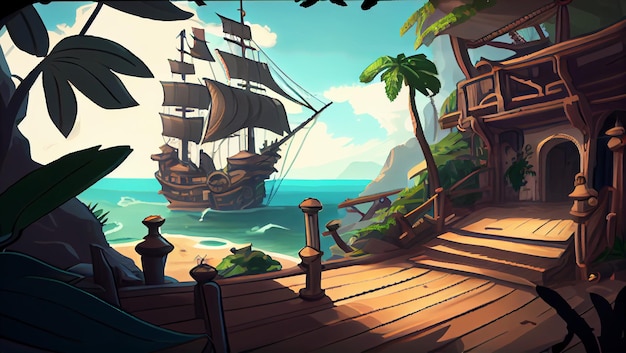 Pirate Ship deck 2D background environment for a mobile game A high quality horizontal background landscape Gaming template design location Generative ai