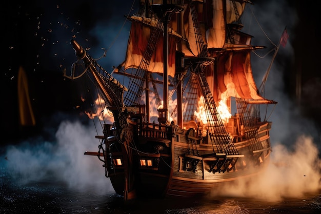 A pirate ship in flames with smoke billowing into the air created with generative ai