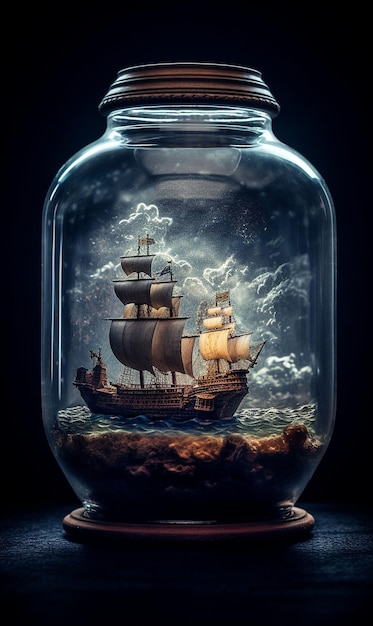 Pirate ship on glass jar aquarium generative ai