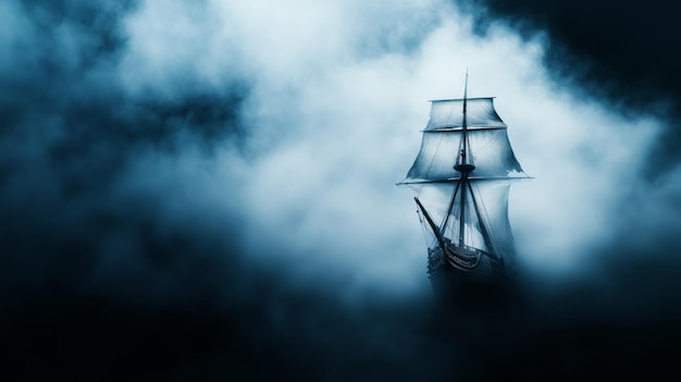 A pirate ship haunted by ghostly pirates with tattered sails and eerie fog highresolution photo real