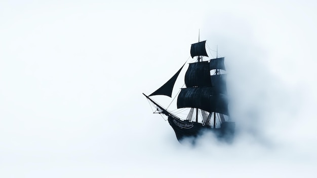 A pirate ship haunted by ghostly pirates with tattered sails and eerie fog highresolution photo real