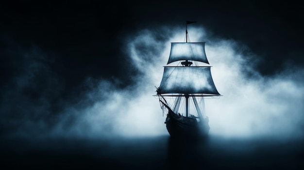 A pirate ship haunted by ghostly pirates with tattered sails and eerie fog highresolution photo real