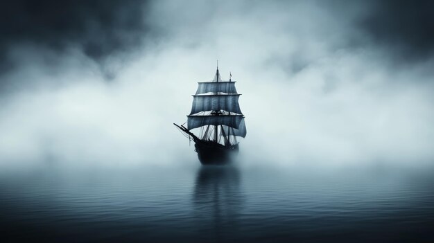 Photo a pirate ship haunted by ghostly pirates with tattered sails and eerie fog highresolution photo real