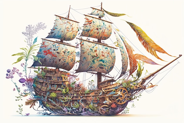 A pirate ship illustration on white background fits in the proposition hyper detailed flowers watercolor GENERATIVE AI