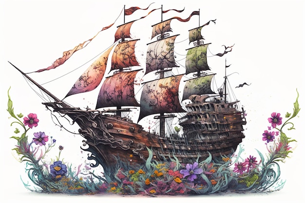 A pirate ship illustration on white background fits in the proposition hyper detailed flowers watercolor GENERATIVE AI