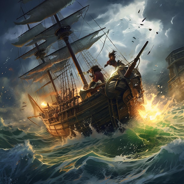 The pirate ship is in a fierce battle amid stormy seas and crashing waves