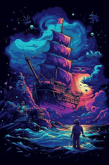 The pirate ship is a poster for the movie pirates of the caribbean.