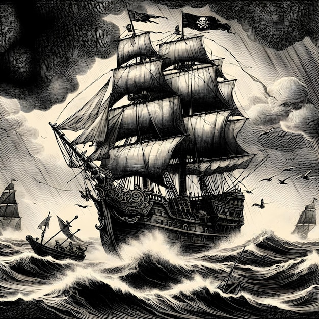 pirate ship in the middle of the sea during storm in old engraving style