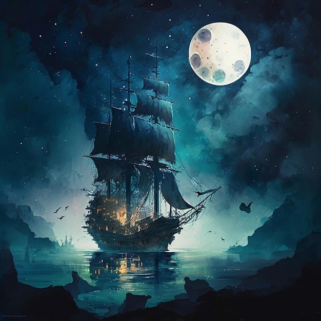 pirate ship at night with full moon.