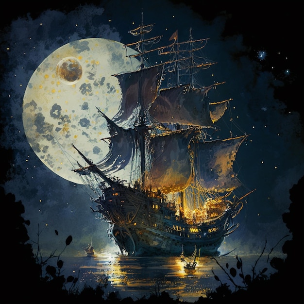 pirate ship at night with full moon.