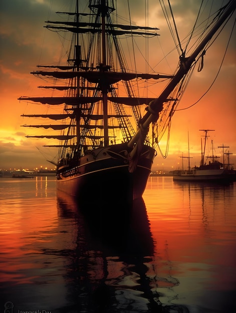 Pirate ship on ocean at beautiful sunrise orange sky background wallpaper design Generative AI