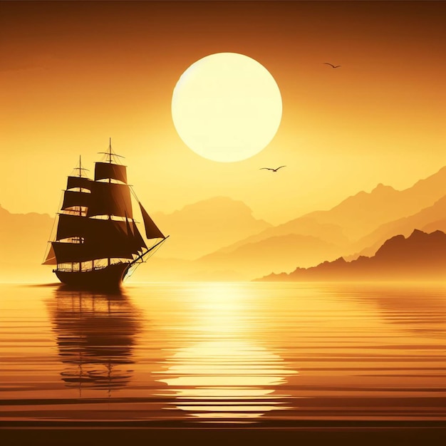 Pirate ship in the ocean sunset background ai generated