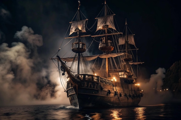 a pirate ship in the ocean with a light on the top